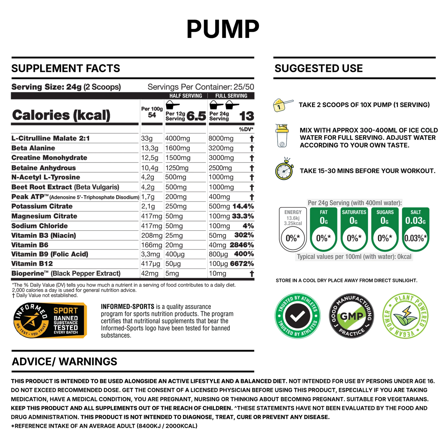 10X - Pump Stim Free Pre Workout - 600G